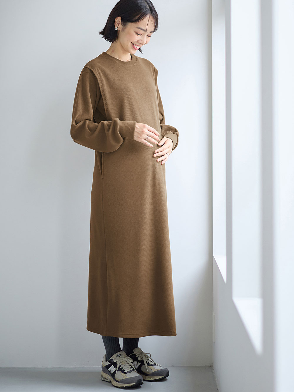 マタニティ ワンピース|ストレッチリブAラインワンピース　マタニティ・授乳服【出産後も長く使える】|カーキ（ロング丈）