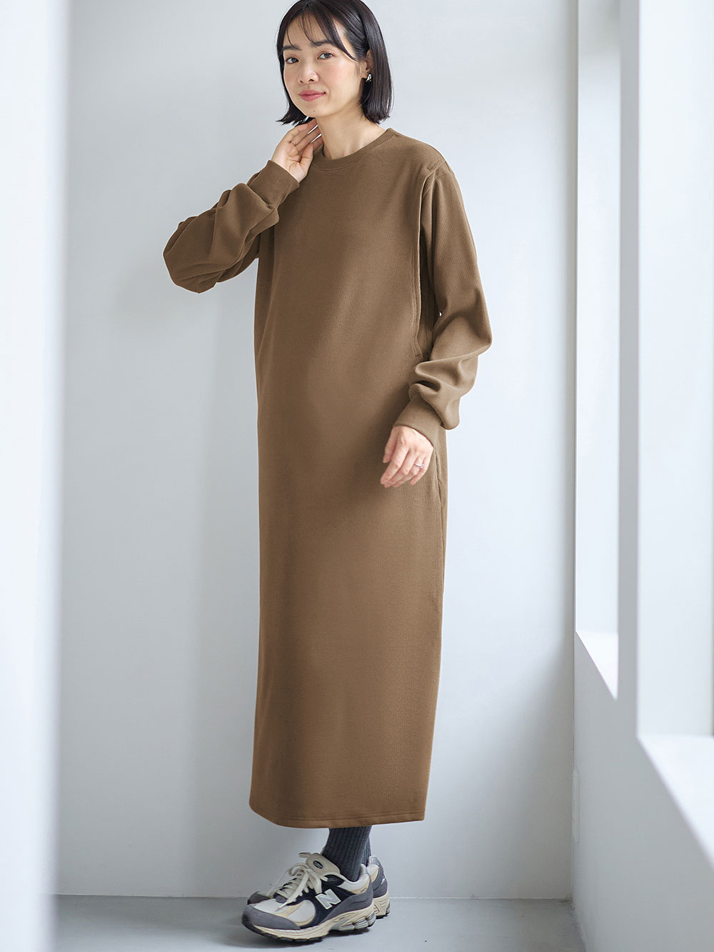 マタニティ ワンピース|ストレッチリブAラインワンピース　マタニティ・授乳服【出産後も長く使える】|カーキ（ロング丈）