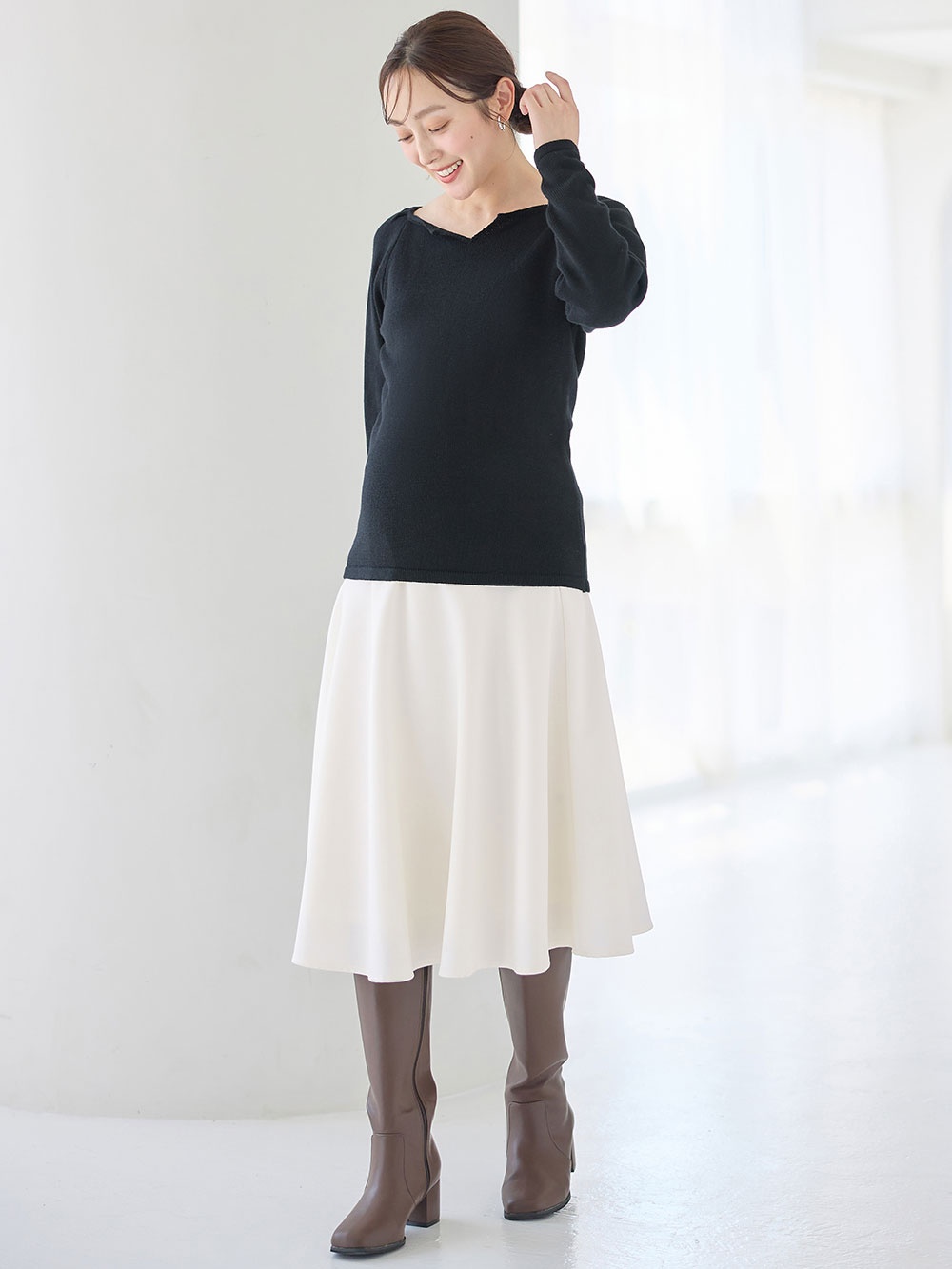 マタニティ スカート|ストレッチジョーゼットフレアスカート　マタニティ・産後【出産後も長く使える】|オフホワイト