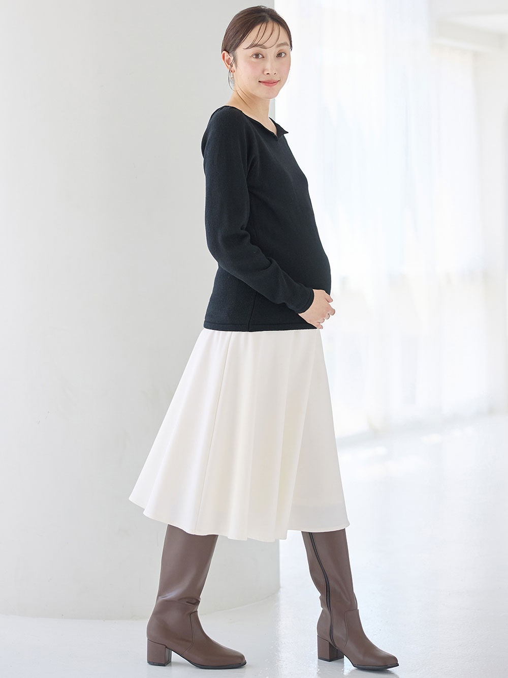 マタニティ スカート|ストレッチジョーゼットフレアスカート　マタニティ・産後【出産後も長く使える】|オフホワイト