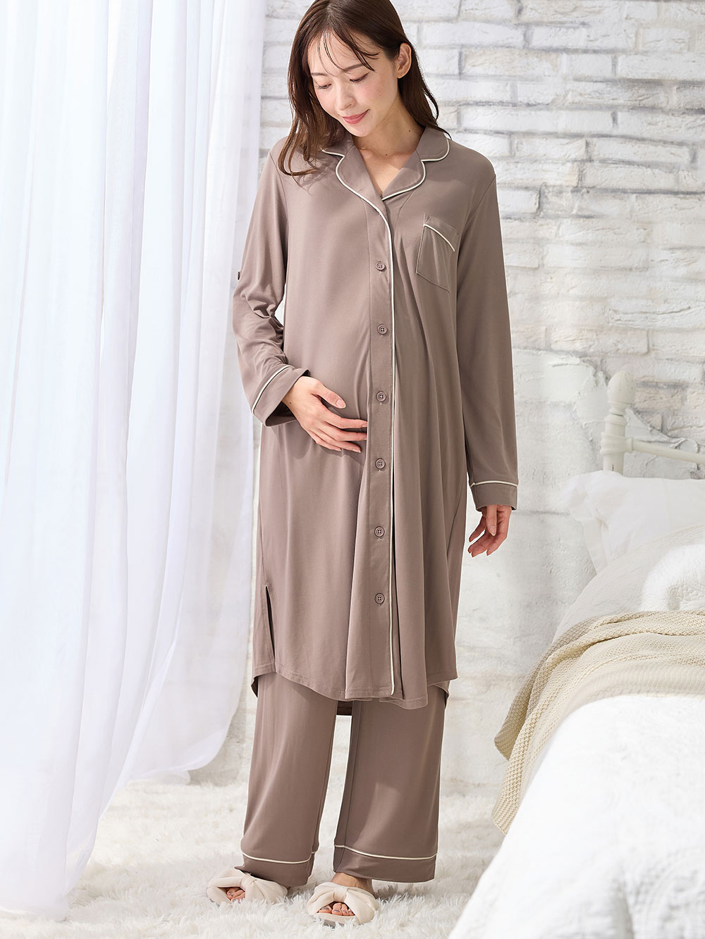 マタニティ パジャマ・ルームウェア|fairy（フェアリー）とろみらくちんパジャマ（サイドスリット開き）　マタニティ・授乳パジャマ【出産後も長く使える】|モカ