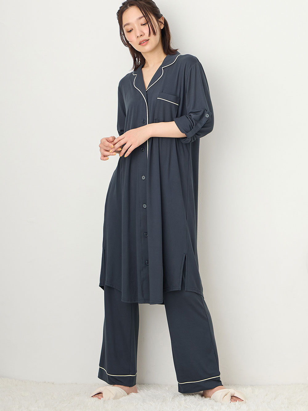 マタニティ パジャマ・ルームウェア|fairy（フェアリー）とろみらくちんパジャマ（サイドスリット開き）　マタニティ・授乳パジャマ【出産後も長く使える】|ブルーグレー