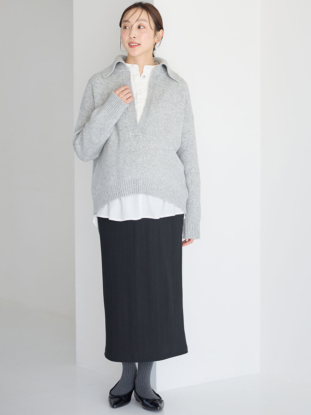 マタニティ スカート|【2丈から選べる】らくちん綿混ストレッチリブナロースカート　マタニティ・産後【出産後も長く使える】|ブラック（レギュラー丈）