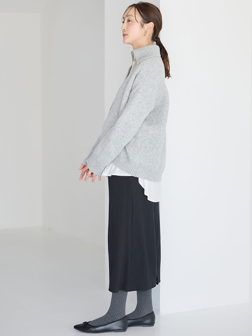 マタニティ スカート|【2丈から選べる】らくちん綿混ストレッチリブナロースカート　マタニティ・産後【出産後も長く使える】|ブラック（レギュラー丈）