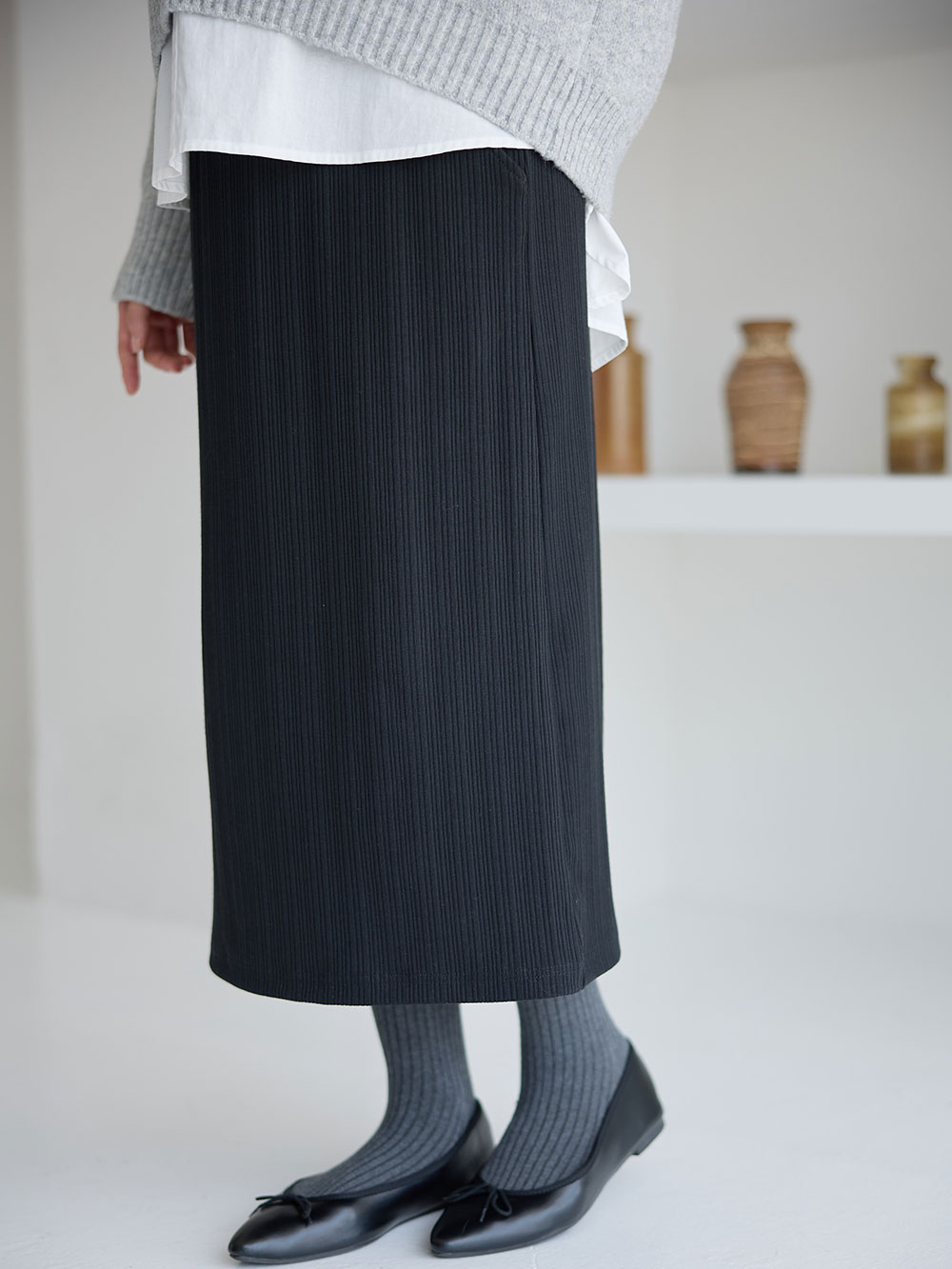 マタニティ スカート|【2丈から選べる】らくちん綿混ストレッチリブナロースカート　マタニティ・産後【出産後も長く使える】|ブラック（レギュラー丈）