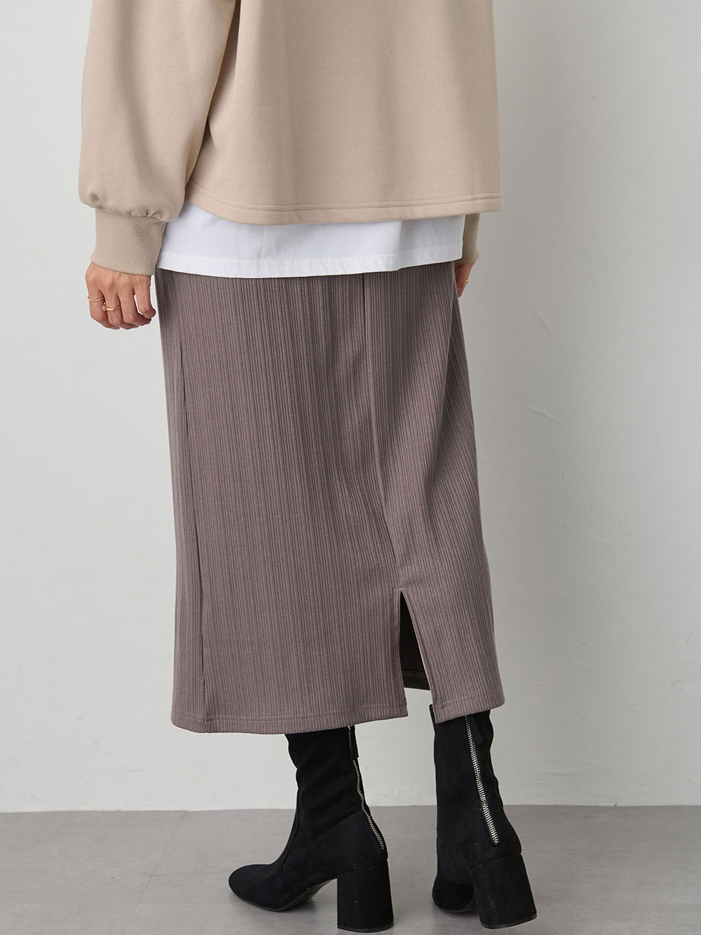 マタニティ スカート|【2丈から選べる】らくちん綿混ストレッチリブナロースカート　マタニティ・産後【出産後も長く使える】|チャコール（レギュラー丈）