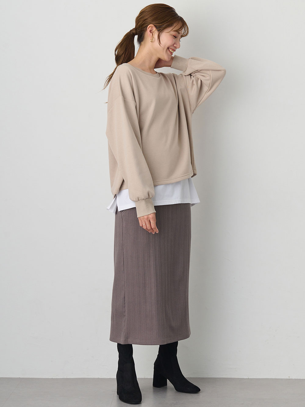マタニティ スカート|【2丈から選べる】らくちん綿混ストレッチリブナロースカート　マタニティ・産後【出産後も長く使える】|チャコール（レギュラー丈）