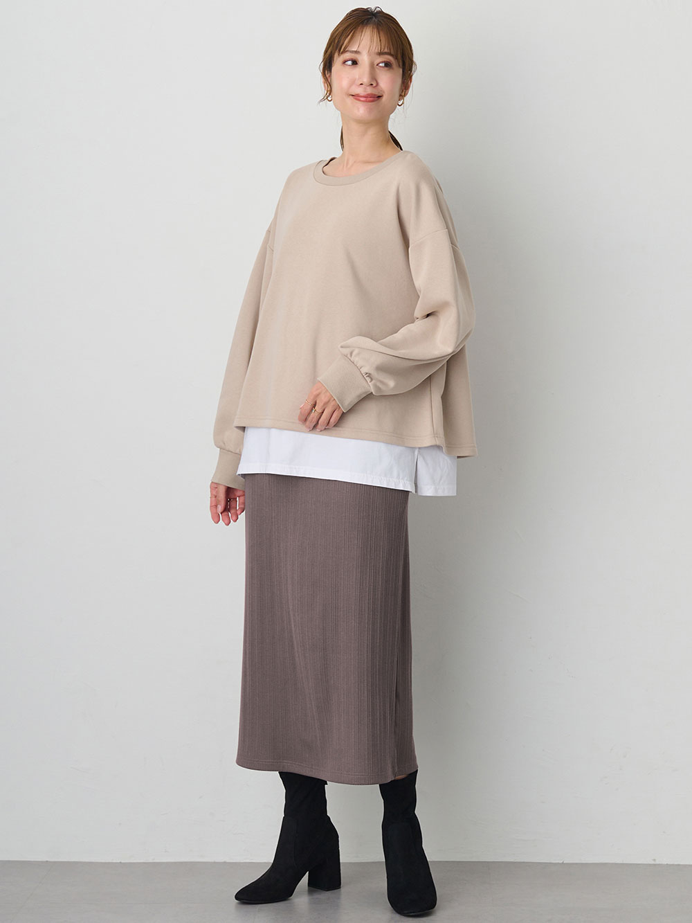 マタニティ スカート|【2丈から選べる】らくちん綿混ストレッチリブナロースカート　マタニティ・産後【出産後も長く使える】|チャコール（レギュラー丈）
