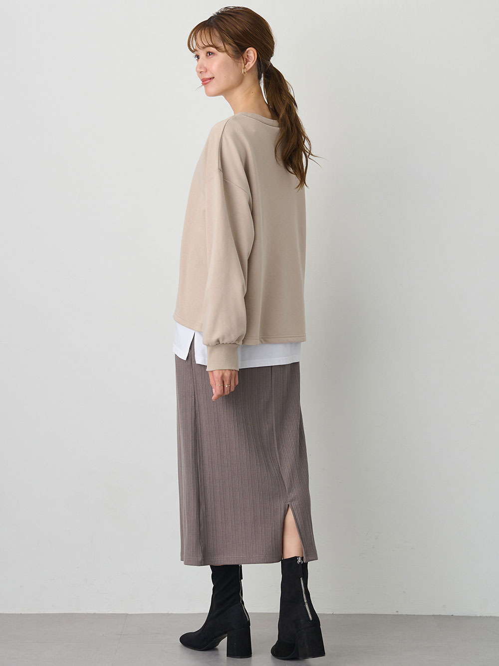 マタニティ スカート|【2丈から選べる】らくちん綿混ストレッチリブナロースカート　マタニティ・産後【出産後も長く使える】|チャコール（レギュラー丈）