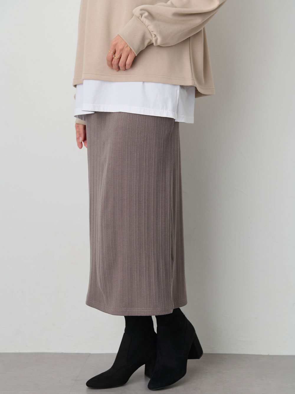 マタニティ スカート|【2丈から選べる】らくちん綿混ストレッチリブナロースカート　マタニティ・産後【出産後も長く使える】|チャコール（レギュラー丈）