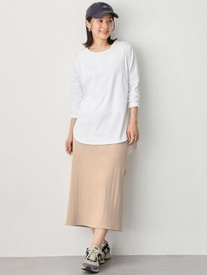 マタニティ スカート|【2丈から選べる】らくちん綿混ストレッチリブナロースカート　マタニティ・産後【出産後も長く使える】|ベージュ（レギュラー丈）