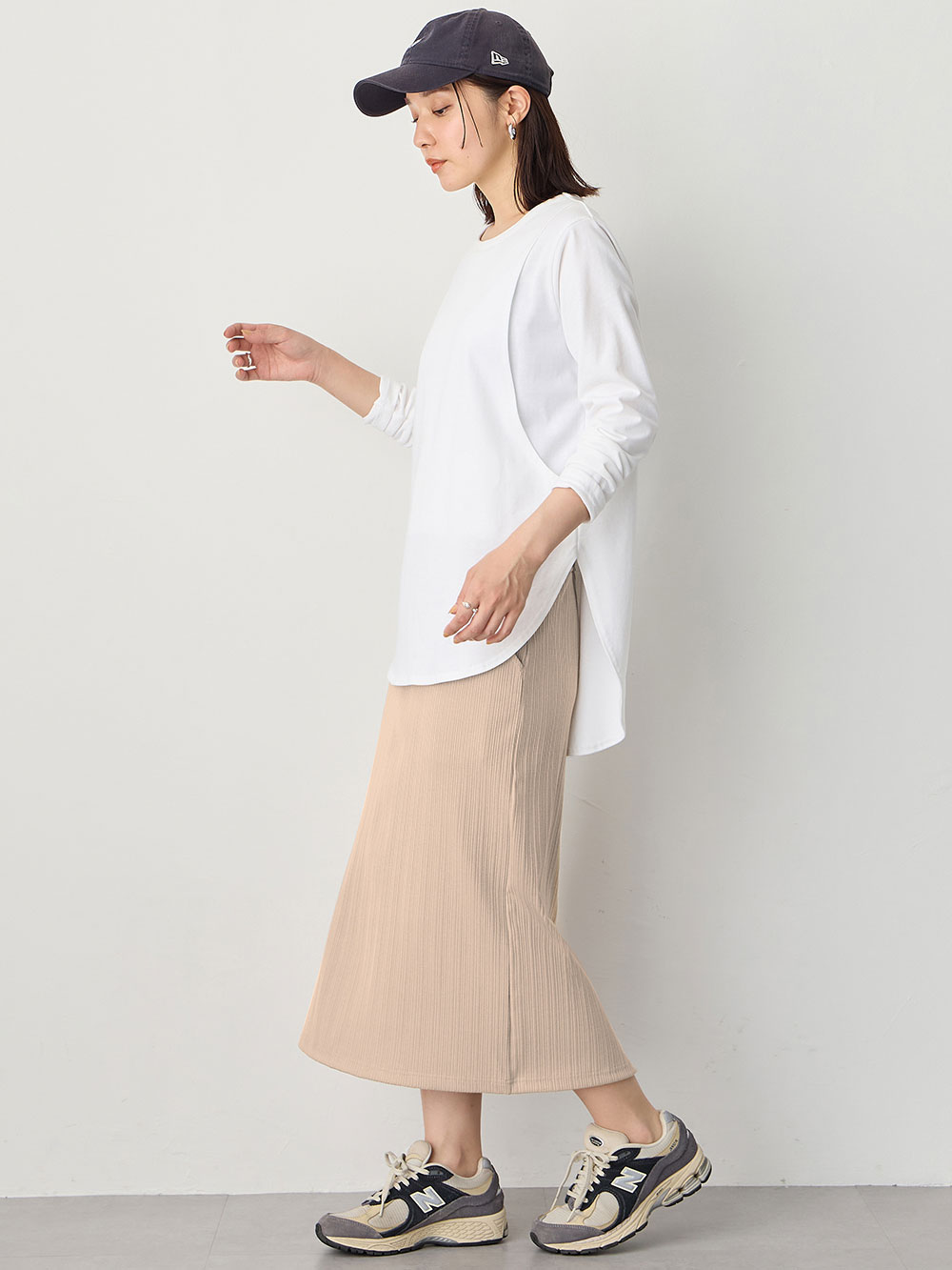 マタニティ スカート|【2丈から選べる】らくちん綿混ストレッチリブナロースカート　マタニティ・産後【出産後も長く使える】|ベージュ（レギュラー丈）