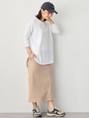 マタニティ スカート|【2丈から選べる】らくちん綿混ストレッチリブナロースカート　マタニティ・産後【出産後も長く使える】|ベージュ（レギュラー丈）