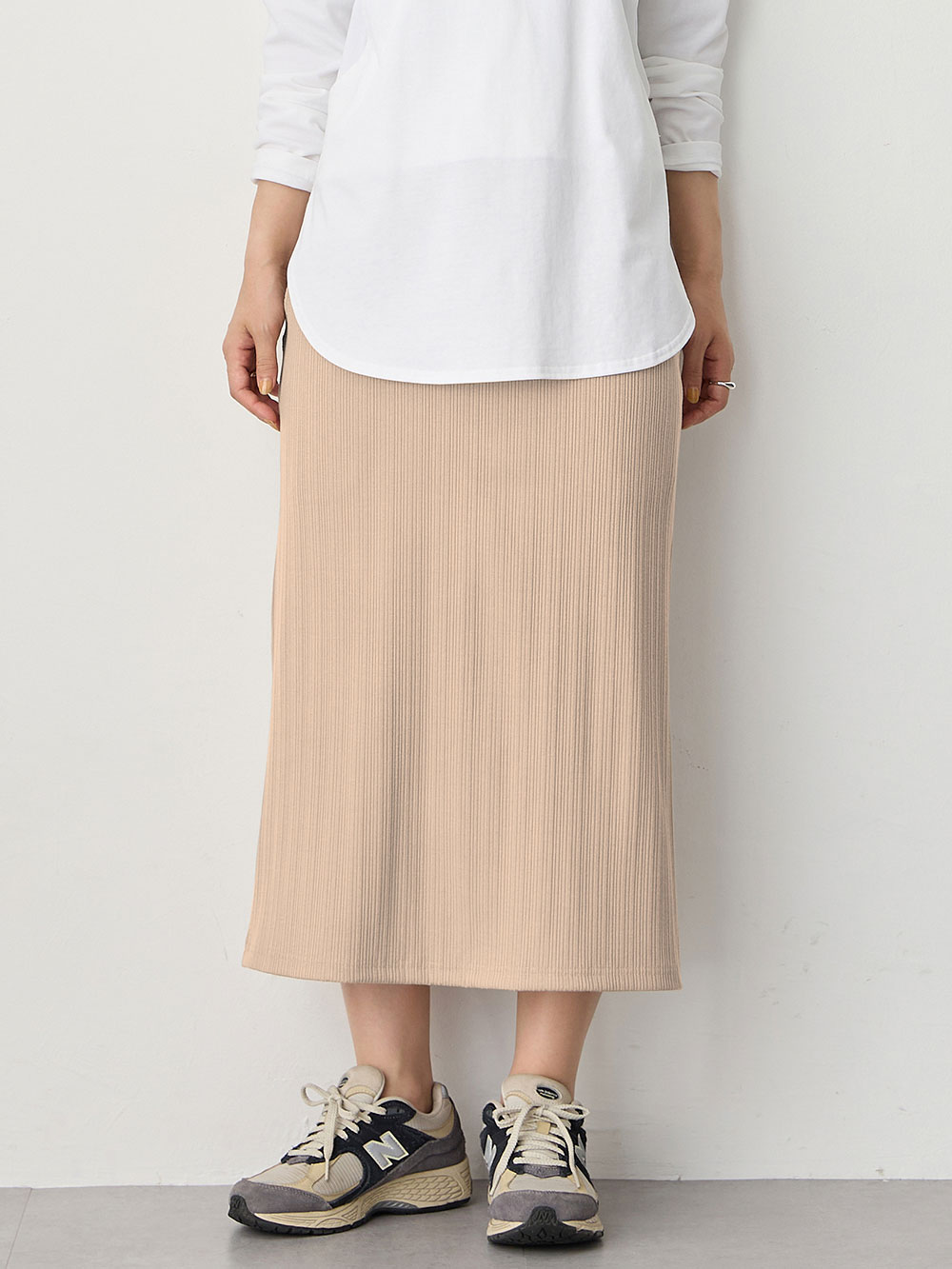 マタニティ スカート|【2丈から選べる】らくちん綿混ストレッチリブナロースカート　マタニティ・産後【出産後も長く使える】|ベージュ（レギュラー丈）