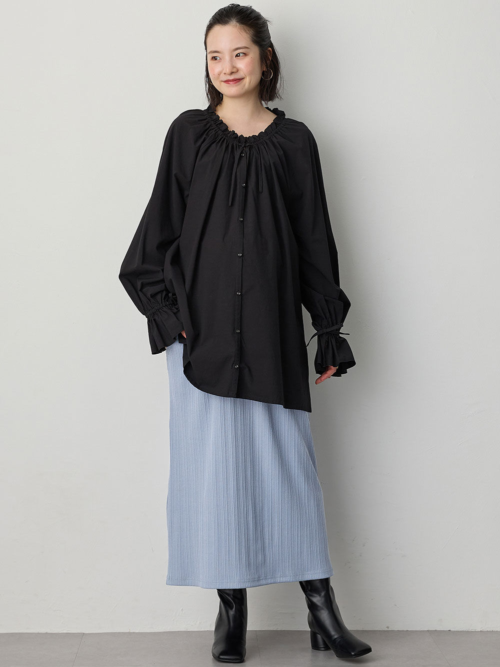 マタニティ スカート|【2丈から選べる】らくちん綿混ストレッチリブナロースカート　マタニティ・産後【出産後も長く使える】|ブルー（レギュラー丈）