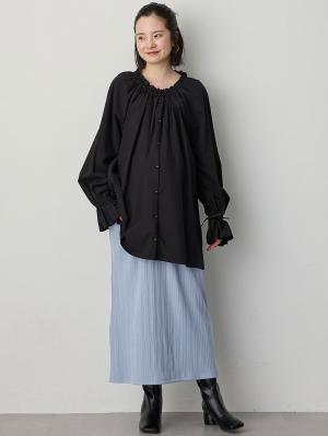 マタニティ スカート|【2丈から選べる】らくちん綿混ストレッチリブナロースカート　マタニティ・産後【出産後も長く使える】|ブルー（レギュラー丈）