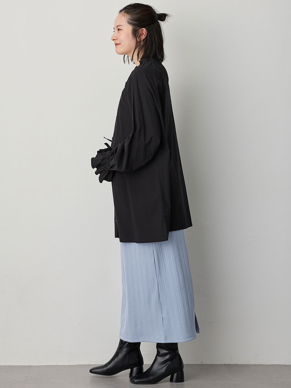 マタニティ スカート|【2丈から選べる】らくちん綿混ストレッチリブナロースカート　マタニティ・産後【出産後も長く使える】|ブルー（レギュラー丈）