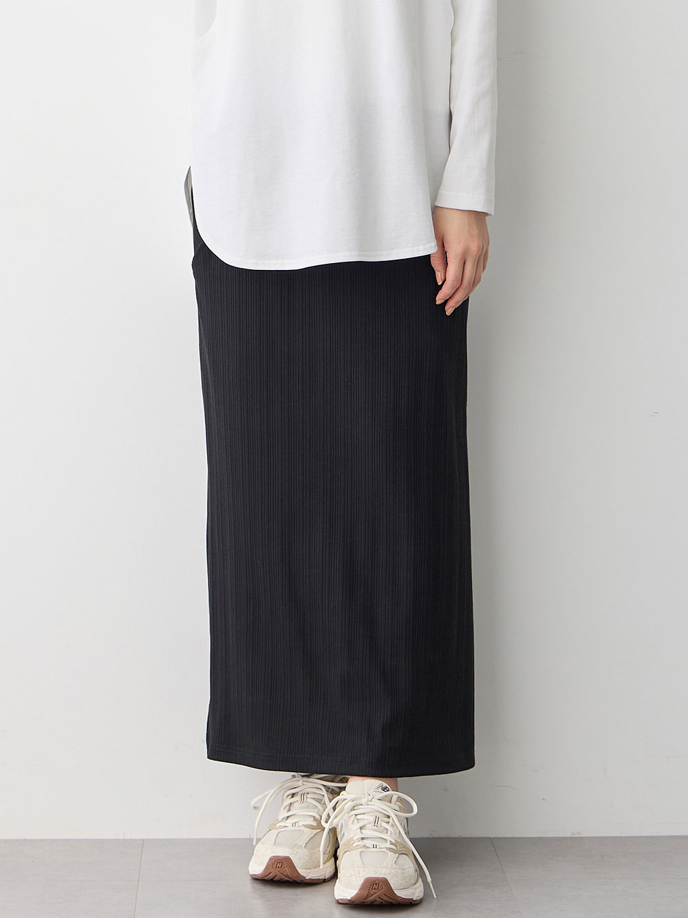マタニティ スカート|【2丈から選べる】らくちん綿混ストレッチリブナロースカート　マタニティ・産後【出産後も長く使える】|ブラック（ロング丈）