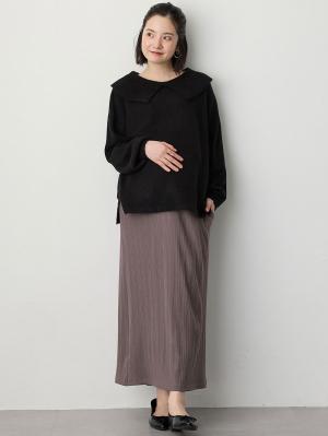 マタニティ スカート|【2丈から選べる】らくちん綿混ストレッチリブナロースカート　マタニティ・産後【出産後も長く使える】|チャコール（ロング丈）
