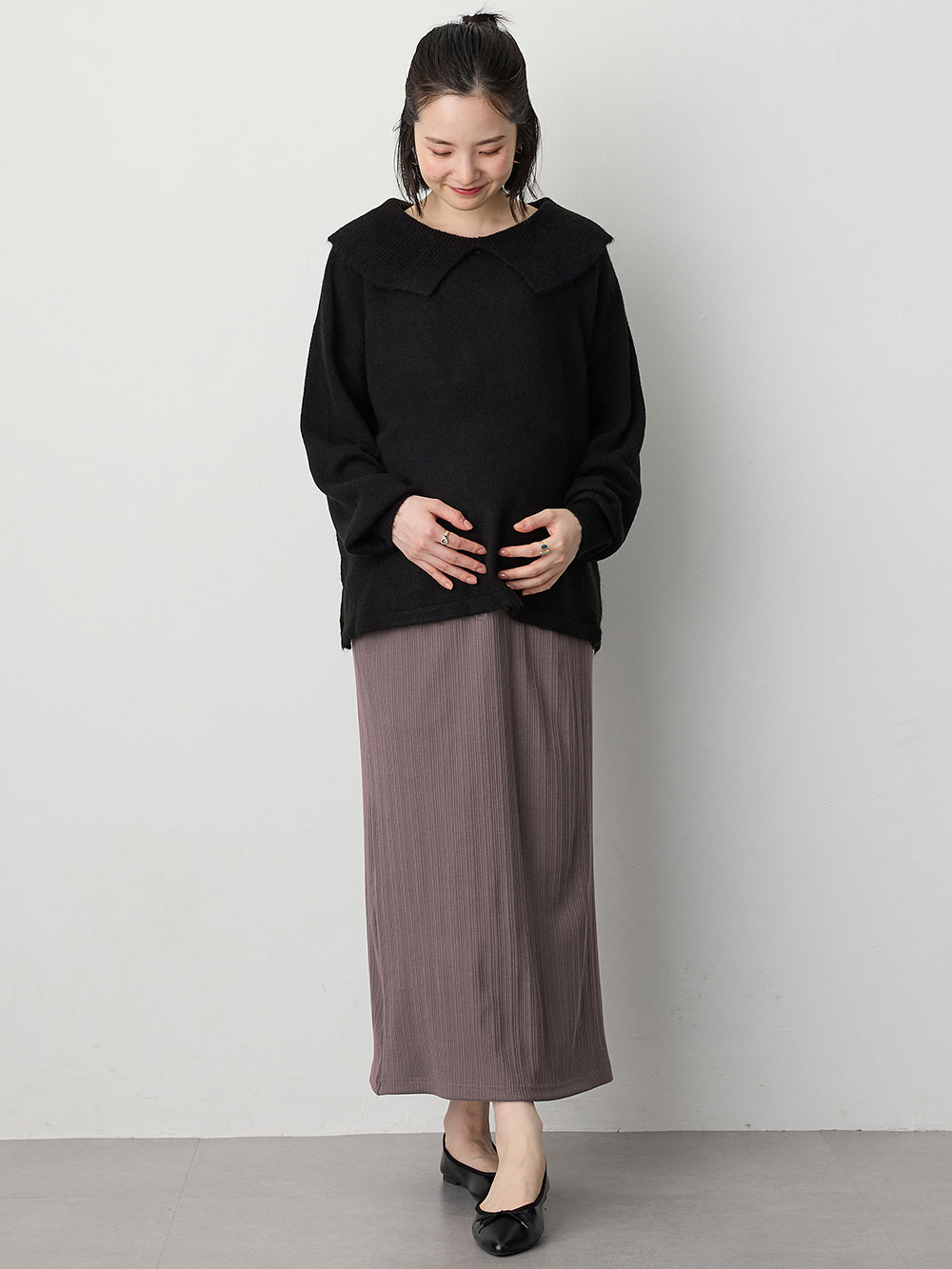 マタニティ スカート|【2丈から選べる】らくちん綿混ストレッチリブナロースカート　マタニティ・産後【出産後も長く使える】|チャコール（ロング丈）