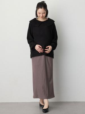 マタニティ スカート|【2丈から選べる】らくちん綿混ストレッチリブナロースカート　マタニティ・産後【出産後も長く使える】|チャコール（ロング丈）