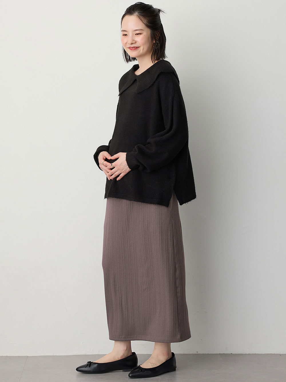 マタニティ スカート|【2丈から選べる】らくちん綿混ストレッチリブナロースカート　マタニティ・産後【出産後も長く使える】|チャコール（ロング丈）