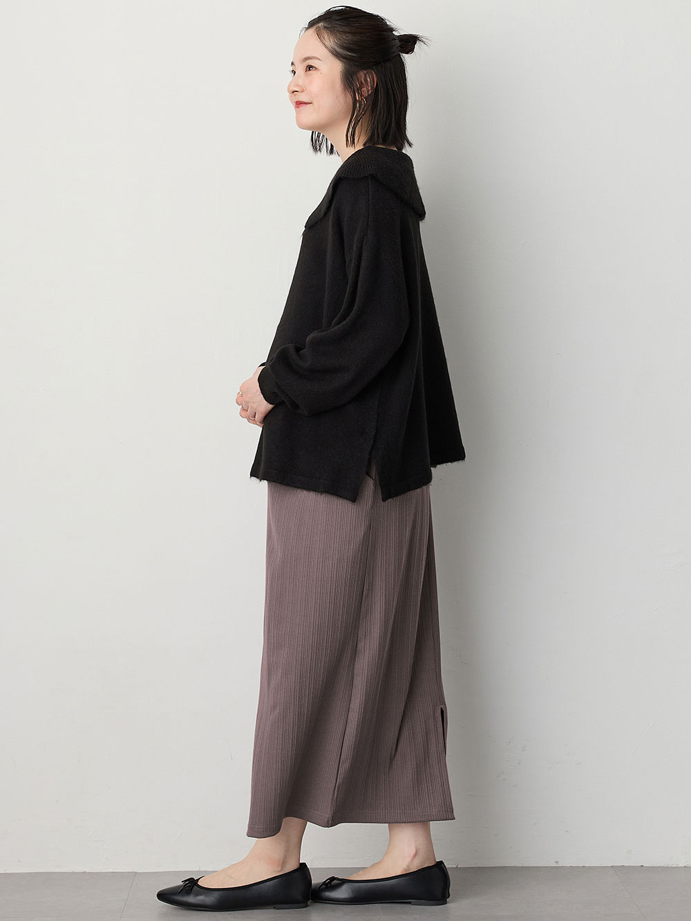 マタニティ スカート|【2丈から選べる】らくちん綿混ストレッチリブナロースカート　マタニティ・産後【出産後も長く使える】|ブラック（ロング丈）