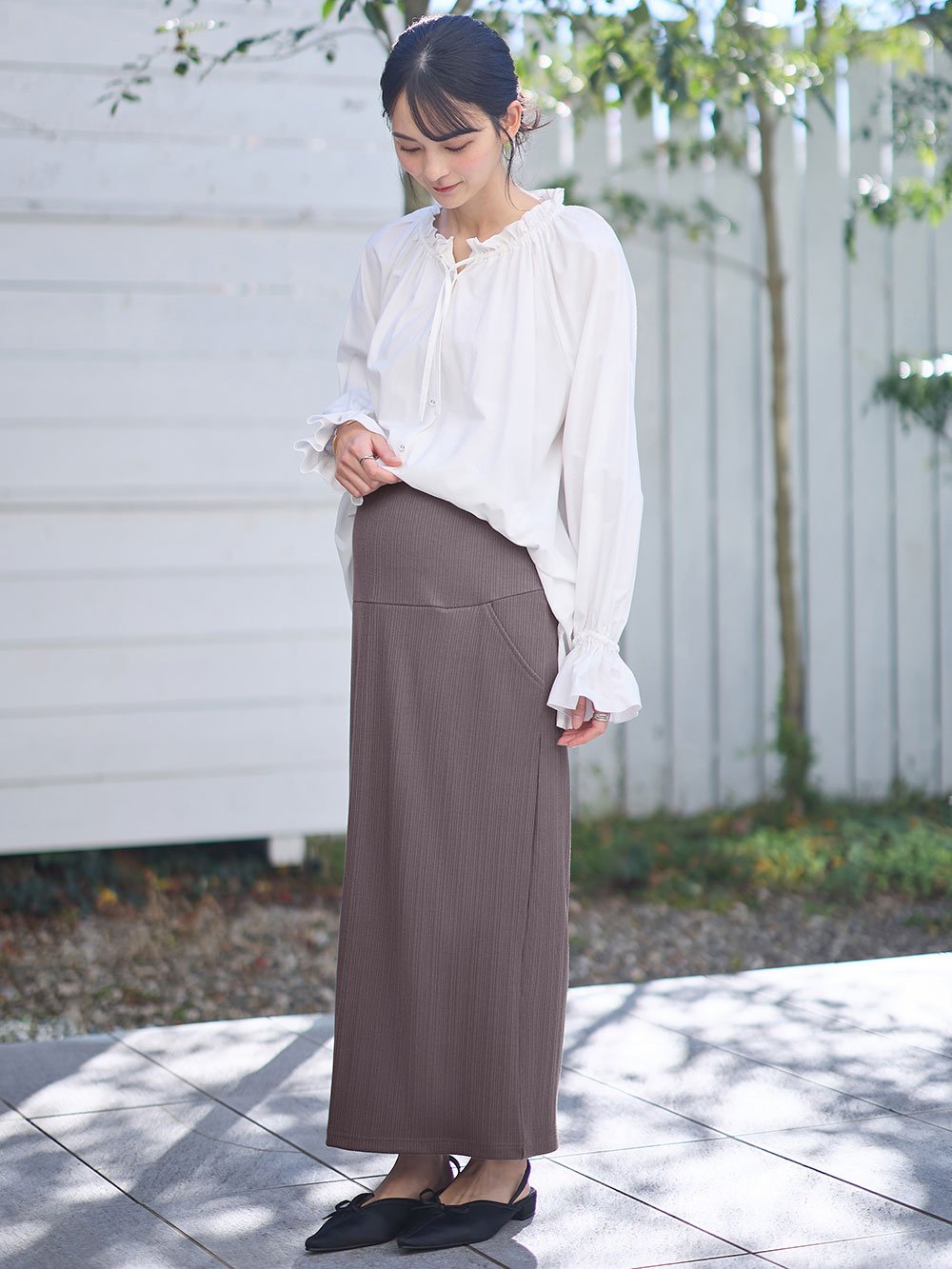 マタニティ スカート|【2丈から選べる】らくちん綿混ストレッチリブナロースカート　マタニティ・産後【出産後も長く使える】|チャコール（ロング丈）