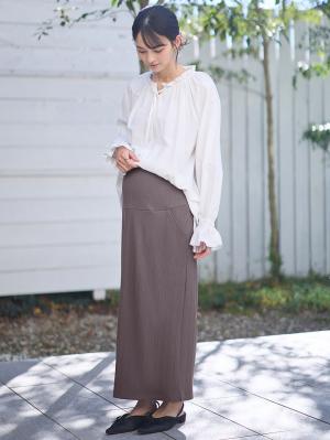 マタニティ スカート|【2丈から選べる】らくちん綿混ストレッチリブナロースカート　マタニティ・産後【出産後も長く使える】|チャコール（ロング丈）