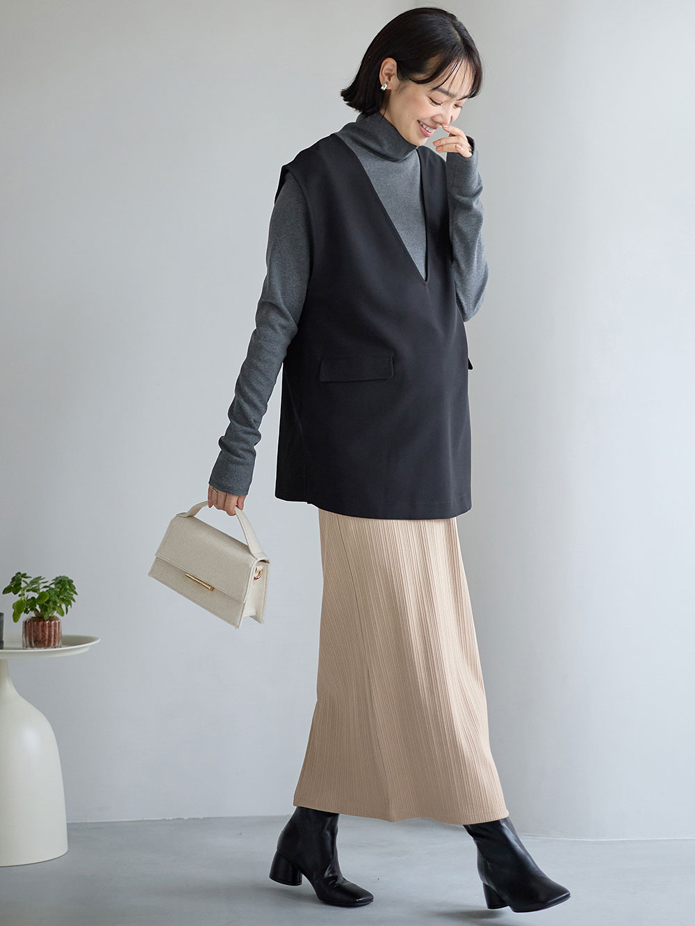 マタニティ スカート|【2丈から選べる】らくちん綿混ストレッチリブナロースカート　マタニティ・産後【出産後も長く使える】|ベージュ（ロング丈）