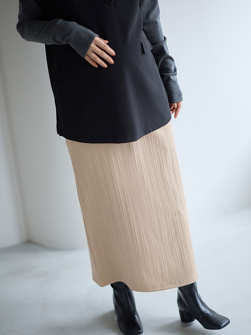マタニティ スカート|【2丈から選べる】らくちん綿混ストレッチリブナロースカート　マタニティ・産後【出産後も長く使える】|ベージュ（ロング丈）