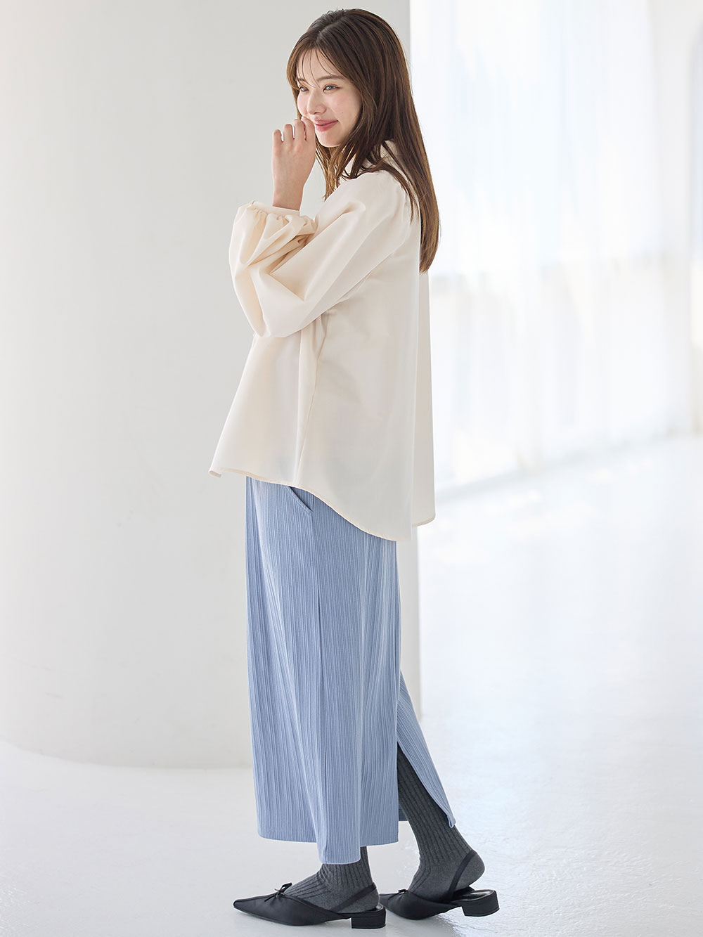 マタニティ スカート|【2丈から選べる】らくちん綿混ストレッチリブナロースカート　マタニティ・産後【出産後も長く使える】|ブルー（ロング丈）