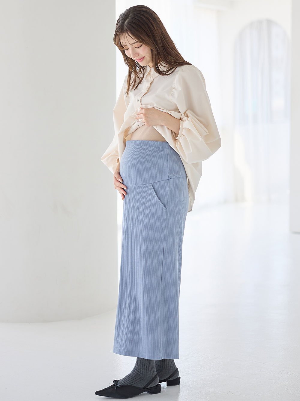 マタニティ スカート|【2丈から選べる】らくちん綿混ストレッチリブナロースカート　マタニティ・産後【出産後も長く使える】|ベージュ（ロング丈）