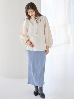 マタニティ スカート|【2丈から選べる】らくちん綿混ストレッチリブナロースカート　マタニティ・産後【出産後も長く使える】|ブルー（ロング丈）