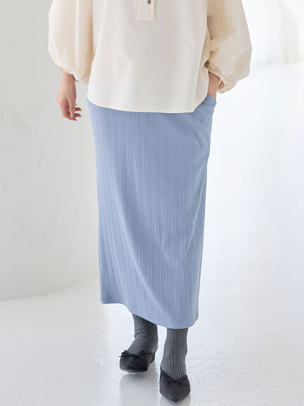 マタニティ スカート|【2丈から選べる】らくちん綿混ストレッチリブナロースカート　マタニティ・産後【出産後も長く使える】|ブルー（ロング丈）