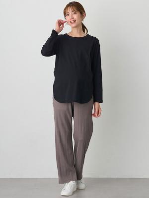 マタニティ パンツ|【2デザインから選べる】【ストレート・ワイド】らくちん綿混ストレッチリブパンツ マタニティ・産後【出産後も長く使える】|チャコール(ストレート)