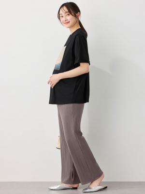 マタニティ パンツ|【2デザインから選べる】【ストレート・ワイド】らくちん綿混ストレッチリブパンツ マタニティ・産後【出産後も長く使える】|チャコール(ストレート)