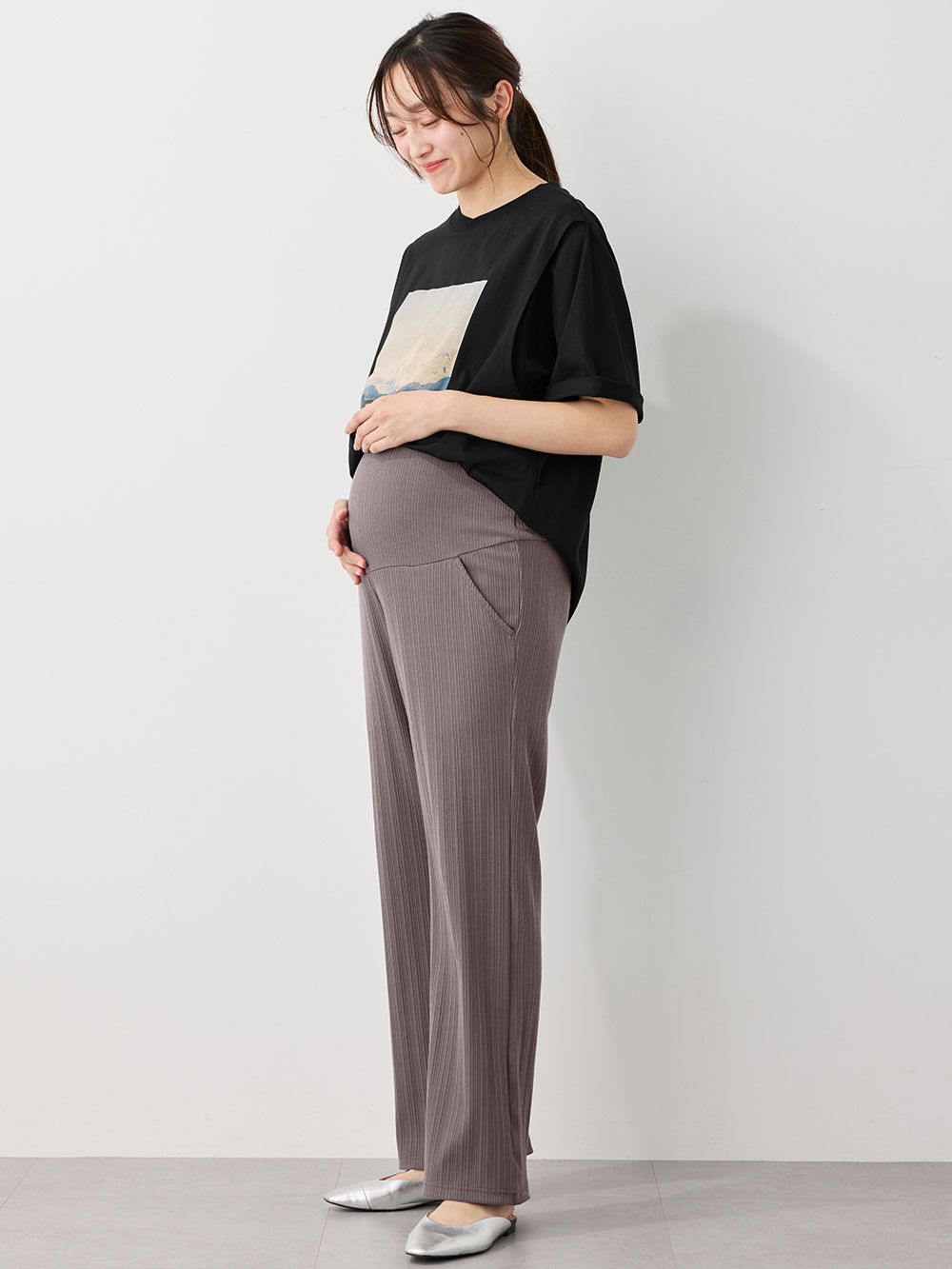 マタニティ パンツ|【2デザインから選べる】【ストレート・ワイド】らくちん綿混ストレッチリブパンツ マタニティ・産後【出産後も長く使える】|ブルー(ストレート)