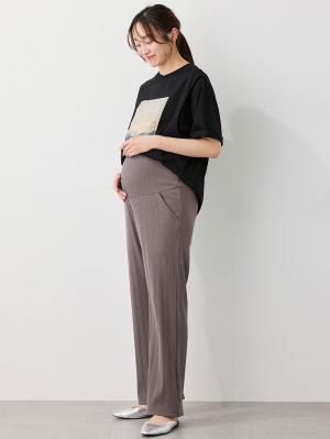 マタニティ パンツ|【2デザインから選べる】【ストレート・ワイド】らくちん綿混ストレッチリブパンツ マタニティ・産後【出産後も長く使える】|ブルー(ストレート)