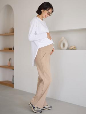 マタニティ パンツ|【2デザインから選べる】【ストレート・ワイド】らくちん綿混ストレッチリブパンツ マタニティ・産後【出産後も長く使える】|ベージュ(ストレート)