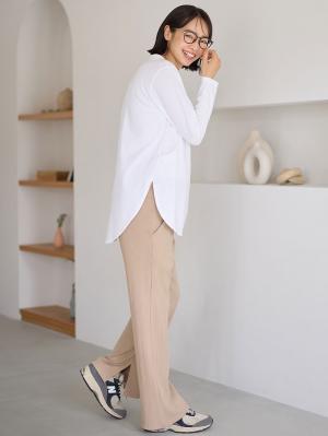 マタニティ パンツ|【2デザインから選べる】【ストレート・ワイド】らくちん綿混ストレッチリブパンツ マタニティ・産後【出産後も長く使える】|ベージュ(ストレート)