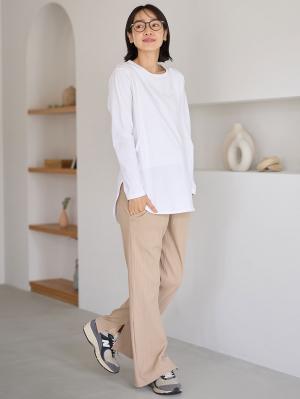 マタニティ パンツ|【2デザインから選べる】【ストレート・ワイド】らくちん綿混ストレッチリブパンツ マタニティ・産後【出産後も長く使える】|ベージュ(ストレート)
