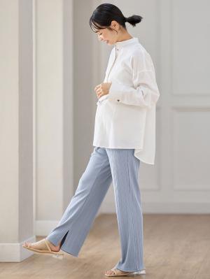 マタニティ パンツ|【2デザインから選べる】【ストレート・ワイド】らくちん綿混ストレッチリブパンツ マタニティ・産後【出産後も長く使える】|ブルー(ストレート)