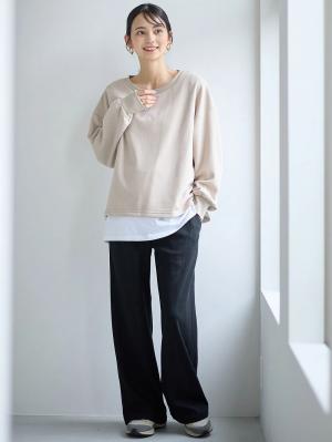 マタニティ パンツ|【2デザインから選べる】【ストレート・ワイド】らくちん綿混ストレッチリブパンツ　マタニティ・産後【出産後も長く使える】|ブラック（ワイド）