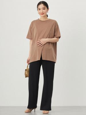 マタニティ パンツ|【2デザインから選べる】【ストレート・ワイド】らくちん綿混ストレッチリブパンツ マタニティ・産後【出産後も長く使える】|ブラック(ワイド)