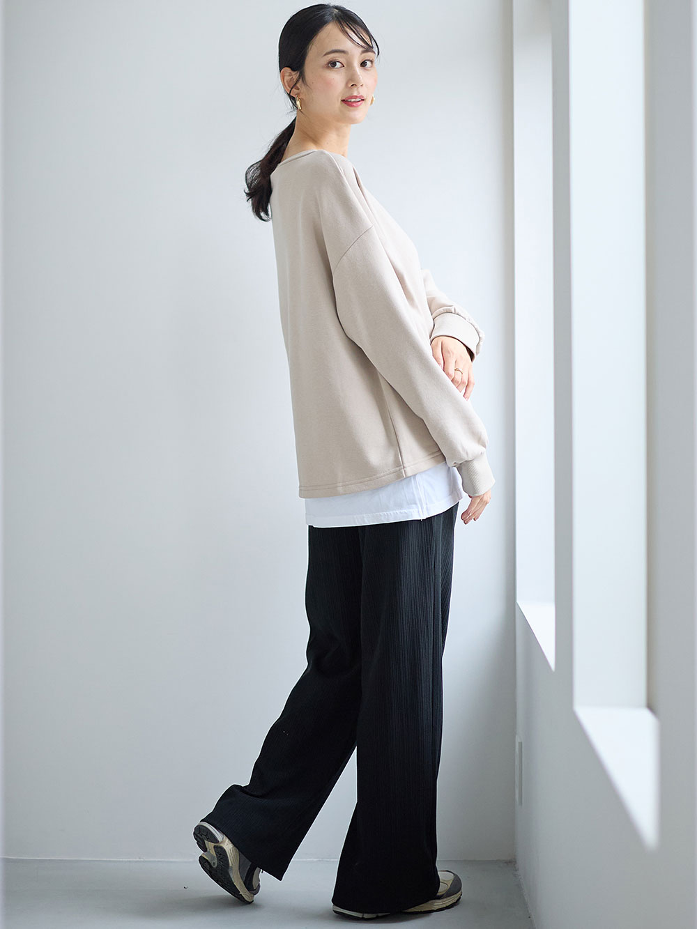 マタニティ パンツ|【2デザインから選べる】【ストレート・ワイド】らくちん綿混ストレッチリブパンツ　マタニティ・産後【出産後も長く使える】|ブラック（ワイド）