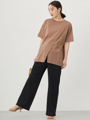 マタニティ パンツ|【2デザインから選べる】【ストレート・ワイド】らくちん綿混ストレッチリブパンツ マタニティ・産後【出産後も長く使える】|ブラック(ワイド)