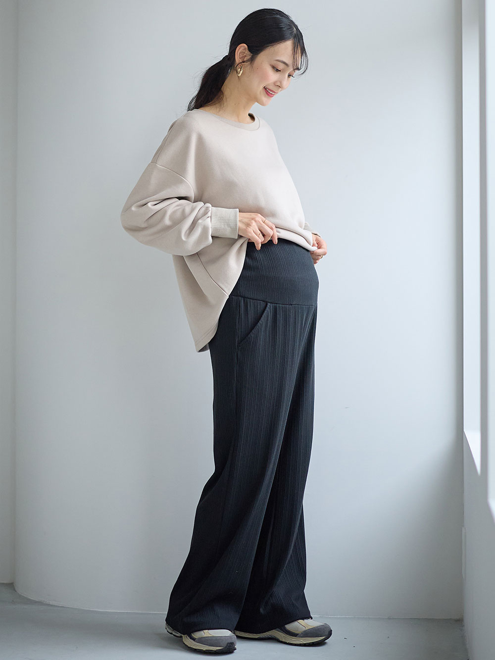 マタニティ パンツ|【2デザインから選べる】【ストレート・ワイド】らくちん綿混ストレッチリブパンツ マタニティ・産後【出産後も長く使える】|ブラック(ワイド)