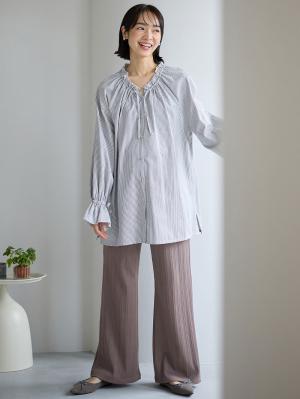 マタニティ パンツ|【2デザインから選べる】【ストレート・ワイド】らくちん綿混ストレッチリブパンツ マタニティ・産後【出産後も長く使える】|チャコール(ワイド)