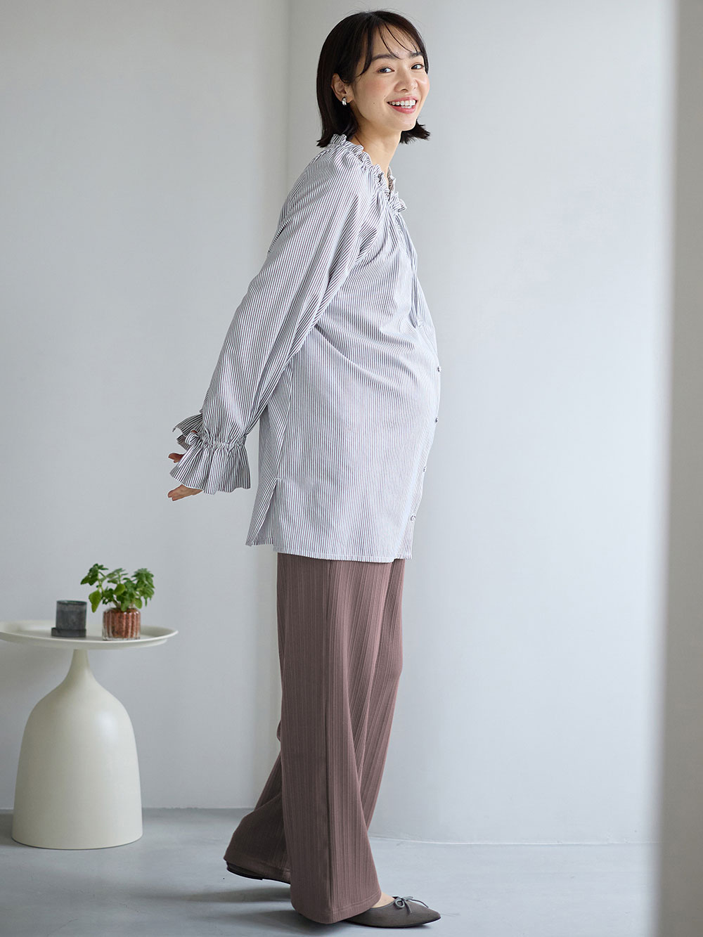 マタニティ パンツ|【2デザインから選べる】【ストレート・ワイド】らくちん綿混ストレッチリブパンツ マタニティ・産後【出産後も長く使える】|チャコール(ワイド)